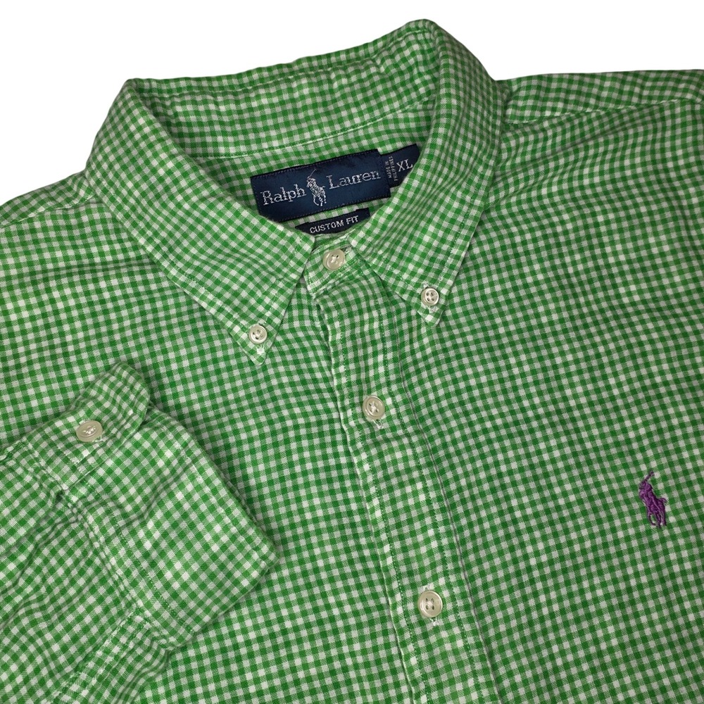 Ralph Lauren Mens XL Shirt Green White Gingham Custom Fit Long Sleeve Plaid